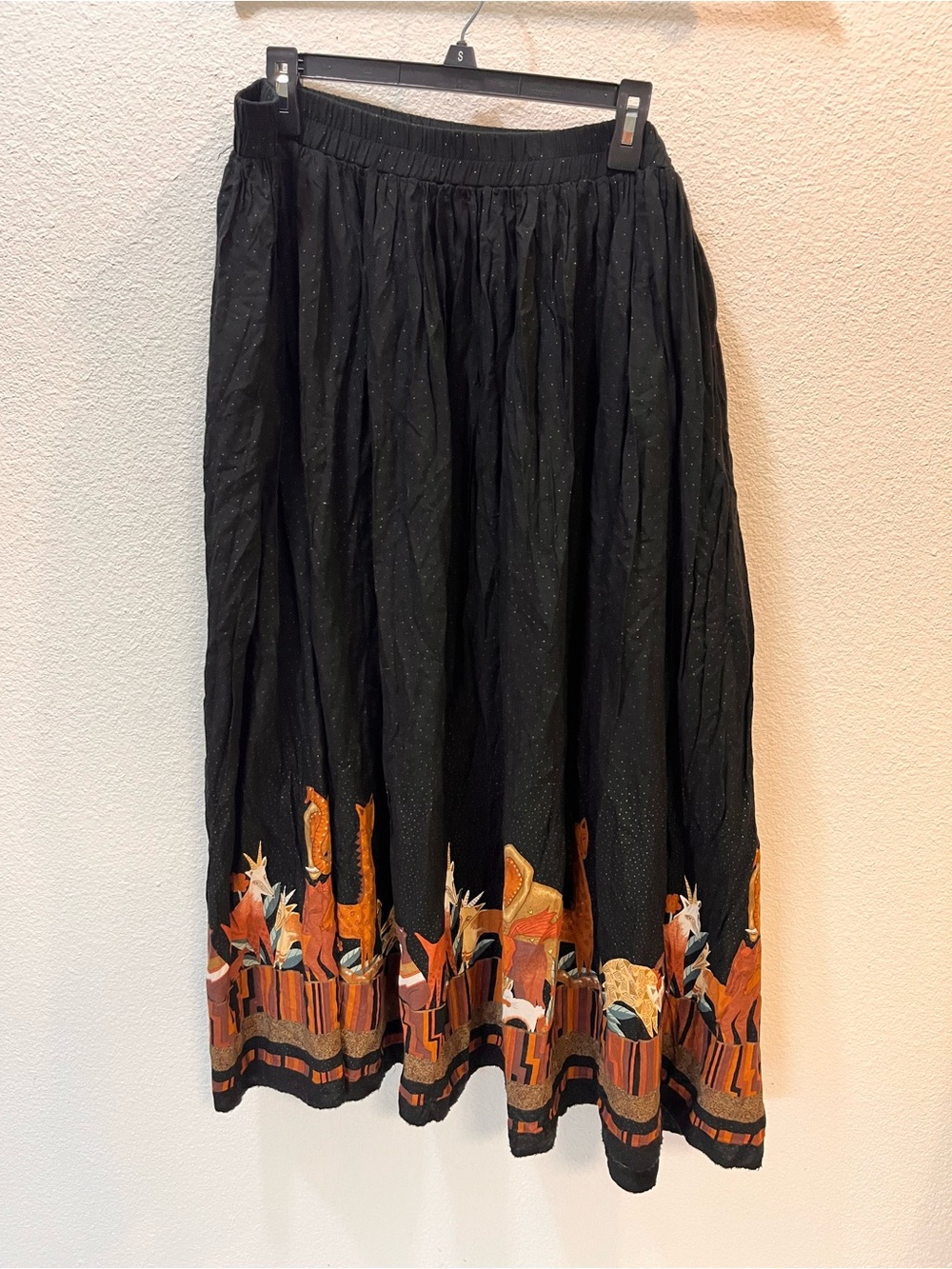 Black A-Line Midi Skirt with Orange Embroidered Border vintage